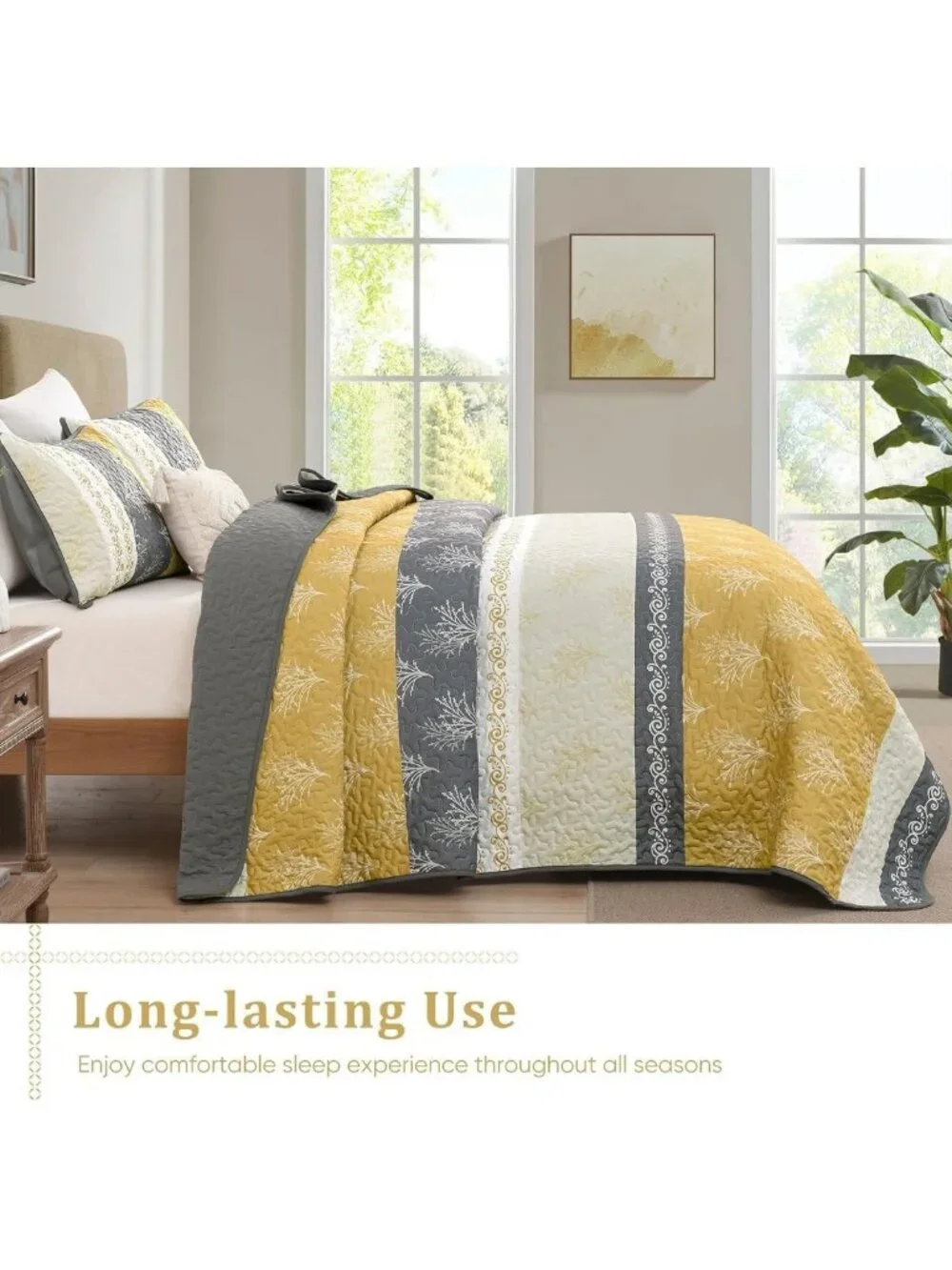 Boho Lightweight King Quilt Set, Striped Branch Bedspread, Yellow Bedding Decor
